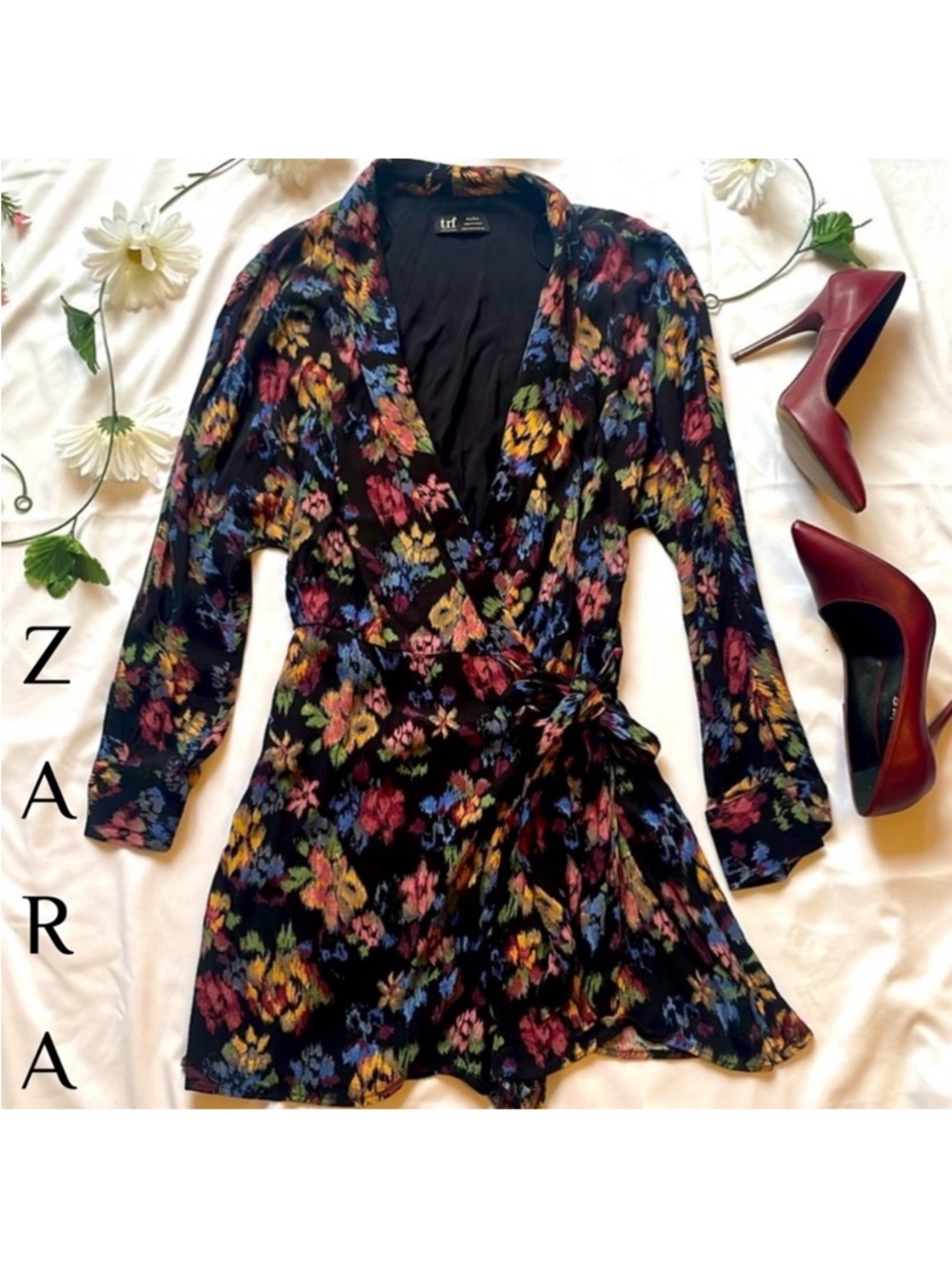 Zara TRF Floral Wrap Front Romper Long Sleeve V Neck Side Zip Jumpsuit S